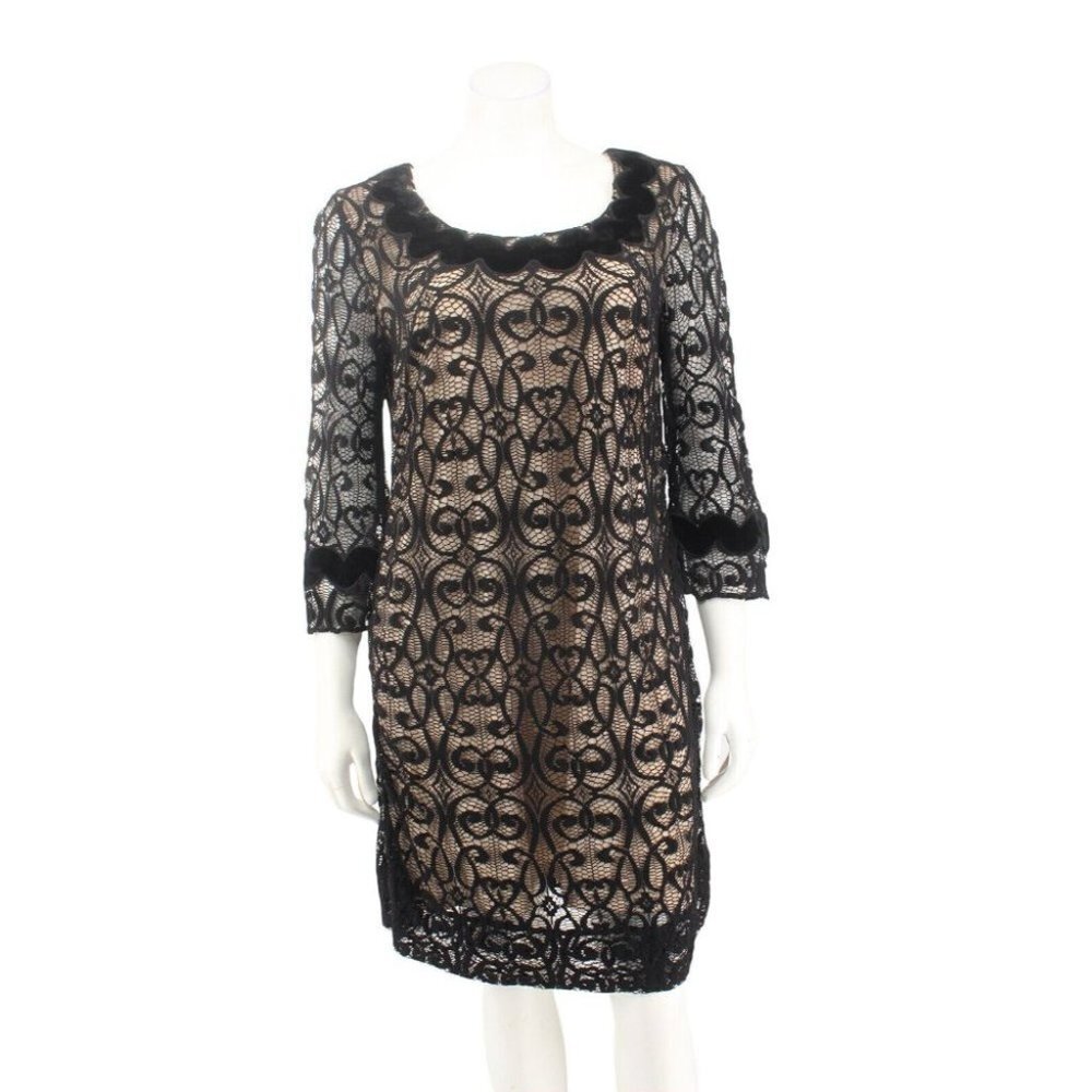 Phoebe Couture Black Silk Crochet Lace Overlay 3/4 Sleeve Shift Dress Size 10